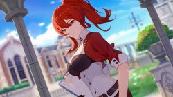 Rule 34 | 1girl, alternate hairstyle, black gloves, blue sky, blurry, blurry background, breasts, cathedral, clipboard, closed mouth, cloud, cloudy sky, column, gloves, grass, hair between eyes, highres, holding, honkai (series), honkai impact 3rd, jacket, long hair, looking at viewer, mole, mole on breast, murata himeko, murata himeko (battle storm), outdoors, paper, pillar, plant, ponytail, red hair, red jacket, shadow, sky, sleeves rolled up, smile, solo, third-party source, yellow eyes