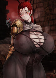 Rule 34 | 1girl, blush, breasts, cleavage, curvy, elden ring, hand on own stomach, highres, huge breasts, millicent (elden ring), nipples visible through clothes, ponytail, red hair, solo, wide hips, zer0.zer0