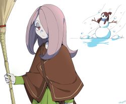 Rule 34 | 2girls, alternate costume, artist name, broom, brown hair, closed mouth, colored skin, expressionless, grey skin, hair over one eye, highres, holding, holding broom, kagari atsuko, little witch academia, long hair, long sleeves, looking at viewer, multiple girls, red eyes, snow, snowing, snowman, sucy manbavaran, woogleboy