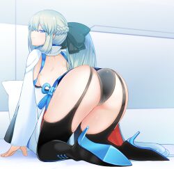Rule 34 | 1girl, absurdres, all fours, ass, bed, bent over, blue hair, dress, fate/grand order, fate (series), from behind, half up braid, high heels, highres, looking back, morgan le fay (fate), panties, ribbon, solo, underwear, yoosai
