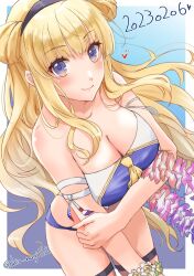 Rule 34 | 1girl, absurdres, bikini, black hairband, blonde hair, blue bikini, blue eyes, blush, border, breasts, cleavage, closed mouth, cowboy shot, dated, fletcher (kancolle), flower, hairband, heart, highres, kantai collection, large breasts, long hair, looking at viewer, one-hour drawing challenge, shiomugi (shio mugi1107), smile, solo, swimsuit, thigh strap, twitter username, white border, white flower