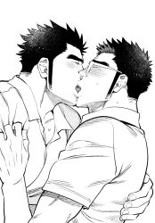 Rule 34 | 2boys, bara, blush, clothes grab, couple, french kiss, from side, glasses, greyscale, kijima hyogo, kiss, long sideburns, male focus, protagonist 3 (housamo), monochrome, motoori shiro, multiple boys, muscular, muscular male, pectorals, profile, salute, short hair, sideburns, spiked hair, thick eyebrows, tokyo houkago summoners, tongue, upper body, yaoi