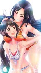 Rule 34 | 2girls, between breasts, bikini, black hair, blush, breasts, brown eyes, cleavage, closed eyes, hand on another&#039;s head, highres, idolmaster, idolmaster cinderella girls, idolmaster cinderella girls starlight stage, large breasts, long hair, mukai takumi, multiple girls, nakano yuka, open mouth, smile, striped bikini, striped clothes, swimsuit, twintails, uzushiopawn