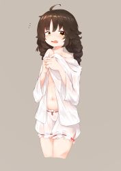 Rule 34 | 1girl, absurdres, ahoge, ash arms, black hair, bloomers, braid, brown background, covering privates, cowboy shot, highres, long hair, looking at viewer, navel, open mouth, ribbon-trimmed bloomers, ribbon trim, shirt, simple background, solo, tears, twin braids, underwear, yellow eyes