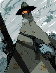 Rule 34 | 00s, bad id, bad pixiv id, coat, dual wielding, flcl, gun, hands on own hips, hat, highres, holding, no humans, sketch, smoke, smoking barrel, trench coat, un-known (ninesix), weapon