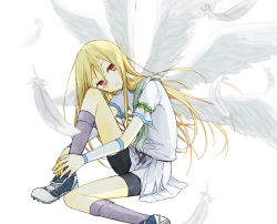 Rule 34 | 1boy, afuro terumi, bike shorts, blonde hair, inazuma eleven, inazuma eleven (series), jammy21, long hair, male focus, multiple wings, red eyes, sash, seraph, shoes, sitting, sneakers, socks, solo, trap, tunic, white background, wings, zeus (inazuma eleven)