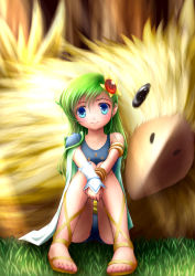 Rule 34 | 1990s (style), 1girl, ankle lace-up, armband, armor, bare shoulders, blue eyes, cape, child, chocobo, cross-laced footwear, feet, final fantasy, final fantasy iv, grass, green hair, hair ornament, legs, leotard, light smile, long hair, looking at viewer, pauldrons, pigeon-toed, rydia (ff4), sandals, sash, shoulder armor, sitting, solo, square enix, toes, v arms, wristband, yami no kohaku
