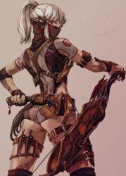 Rule 34 | 1girl, absurdres, ass, axe, boots, bow (weapon), fingerless gloves, from behind, gloves, grey hair, high ponytail, highres, knee boots, kunai, looking at viewer, mask, medium hair, mihira (tainosugatayaki), mouth mask, original, quiver, red eyes, solo, thigh strap, weapon