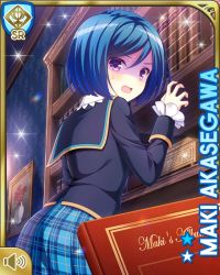 Rule 34 | 1girl, akasegawa maki, ass, blue bow, blue hair, blue jacket, blue skirt, book, bookshelf, bow, card, character name, collar, dropping, from behind, girlfriend (kari), indoors, jacket, jewelry, looking at viewer, necklace, official art, open mouth, picture frame, plaid, plaid skirt, purple eyes, qp:flapper, school uniform, short hair, skirt, skull, sweater, table, tagme, upset