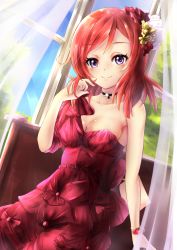 Rule 34 | 10s, 1girl, absurdres, asymmetrical clothes, bare shoulders, breasts, cleavage, dress, hair ornament, highres, looking at viewer, love live!, love live! school idol festival, love live! school idol project, medium breasts, nishikino maki, purple eyes, racket ti1, red hair, short hair, smile, solo