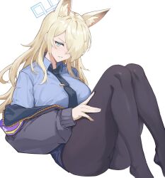 Rule 34 | 1girl, absurdres, animal ear fluff, animal ears, black jacket, black necktie, black pantyhose, black skirt, blonde hair, blue archive, blue eyes, blue halo, blue shirt, breasts, clenched teeth, collared shirt, commentary, english commentary, extra ears, hair over one eye, halo, highres, jacket, kanna (blue archive), large breasts, long hair, long sleeves, looking at viewer, necktie, panties, panties under pantyhose, pantyhose, sharp teeth, shirt, simple background, skirt, solo, teeth, underwear, white background, wizast