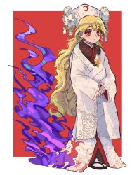 Rule 34 | 1girl, alternate costume, black footwear, blonde hair, border, bow, brown dress, chinese clothes, closed mouth, commentary request, crescent, dress, energy, floral print, flower, full body, hair between eyes, hat, highres, howhow notei, junko (touhou), lily (flower), long hair, long sleeves, looking at viewer, phoenix crown, red background, red flower, simple background, slippers, solo, standing, touhou, white border, white dress, white flower, white hat, wide sleeves, yellow bow