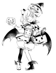 Rule 34 | 1girl, :d, ankle boots, asymmetrical gloves, belt, blush, boots, bow, buttons, double-breasted, dress, fang, full body, gloves, greyscale, hair bow, halloween bucket, halloween costume, hand up, hat, holding, hota, jack-o&#039;-lantern, latina (uchi no musume no tame naraba), looking at viewer, low wings, mismatched gloves, monochrome, one eye closed, open mouth, pigeon-toed, pointy footwear, puffy shorts, pumpkin on head, short dress, shorts, simple background, single thighhigh, smile, solo, thighhighs, uchi no musume no tame naraba ore wa moshikashitara maou mo taoseru kamo shirenai., vampire costume, white background, wings, witch hat