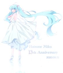 Rule 34 | 1girl, 2020, :d, absurdres, ahoge, alternate costume, ankle ribbon, anniversary, backless dress, backless outfit, bare back, blue eyes, blue hair, blue theme, blush, bouquet, character name, commentary request, dated, dot nose, dress, earrings, eyelashes, floating hair, flower, flower earrings, full body, hair between eyes, hair flower, hair ornament, halter dress, halterneck, happy, hatsune miku, high heels, highres, holding, holding bouquet, jewelry, leg ribbon, legs apart, light particles, long dress, long hair, looking at viewer, looking back, open mouth, pink flower, pink rose, reflection, reflective floor, ribbon, rose, shoulder blades, sidelocks, simple background, sleeveless, sleeveless dress, smile, solo, standing, teeth, twintails, upper teeth only, very long hair, vignetting, vocaloid, white background, white dress, white footwear, white ribbon, white theme, yamaneyuka