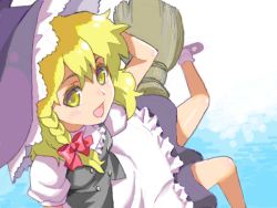 Rule 34 | 1girl, blonde hair, bow, braid, broom, broom riding, colored eyelashes, eyelashes, female focus, from above, hair bow, hand on headwear, hat, kirisame marisa, mattaku mousuke, open mouth, side braid, smile, solo, touhou, water, witch hat, yellow eyes