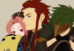Rule 34 | 00s, 1girl, 2boys, arietta (tales), asch (tales), gloves, green eyes, green hair, hat, long hair, mask, multiple boys, pink hair, red eyes, red hair, sync (tales), tales of (series), tales of the abyss, yohi