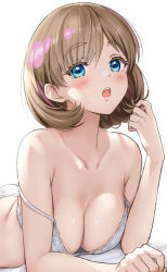 Rule 34 | 1girl, blue eyes, blush, bra, breasts, cleavage, collarbone, highres, large breasts, light brown hair, looking at viewer, love live!, love live! superstar!!, lying, on bed, on stomach, open mouth, panties, playing with own hair, sankuro (agoitei), short hair, simple background, solo, tang keke, underwear, white background, white bra, white panties