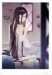 Rule 34 | 1girl, absurdres, atelier (series), atelier firis, bare back, barefoot, bed, black hair, blanket, blurry, covering privates, depth of field, earrings, feet, flower, flower pot, highres, indoors, jewelry, liane mistlud, long hair, looking at viewer, looking back, noco (adamas), official art, on bed, profile, red eyes, room, scan, sitting, soles, solo, toes, very long hair, wariza, window