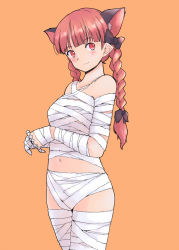 Rule 34 | 1girl, alternate costume, animal ear fluff, animal ears, bandages, blush, bow, braid, cat ears, extra ears, halloween costume, kaenbyou rin, looking at viewer, midriff, midriff peek, mummy, navel, orange background, pointy ears, rangycrow, red eyes, red hair, revealing clothes, simple background, slit pupils, solo, standing, subterranean animism, touhou, twin braids