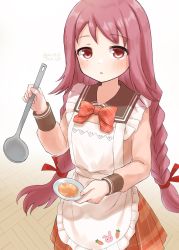 Rule 34 | 1girl, apron, artist name, asukaru (magika ru), bow, braid, cooking, frilled apron, frills, from above, hands up, highres, himuro lavi, holding, holding ladle, ladle, long hair, long sleeves, looking at viewer, magia record: mahou shoujo madoka magica gaiden, mahou shoujo madoka magica, parted lips, pink eyes, pink hair, plate, ribbon, school uniform, simple background, solo, tasting plate