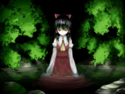 Rule 34 | 1girl, bush, empty eyes, expressionless, female focus, hakurei reimu, japanese clothes, looking down, miko, solo, touhou, wading, water, wet