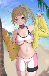 Rule 34 | 1girl, arm up, bare shoulders, beach, bike shorts, blue eyes, blush, breasts, brown hair, cleavage, closed mouth, collarbone, cowboy shot, flying sweatdrops, gatchan, gluteal fold, gundam, gundam build fighters, gundam build fighters try, high ponytail, highres, hoshino fumina, jacket, large breasts, light rays, long hair, long sleeves, looking at viewer, navel, nervous smile, nose blush, ocean, open clothes, open jacket, palm tree, scrunchie, sidelocks, skindentation, sleeves past wrists, smile, solo, sports bra, stomach, sunbeam, sunlight, tree, two-tone sports bra, underboob, yellow jacket