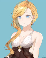 Rule 34 | 1girl, aqua background, artist request, azur lane, bare shoulders, blonde hair, blue background, blue eyes, blush, breasts, cleavage, collarbone, colored eyelashes, earrings, gold trim, hair over shoulder, highres, hood (azur lane), hood (lady of the shining sun) (azur lane), jewelry, long hair, medium breasts, see-through, smile, solo, swimsuit