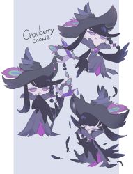 Rule 34 | 1girl, :d, androgynous, black hair, braid, character name, closed eyes, cookie run, crowberry cookie, dress, feathers, hair ornament, half-closed eyes, hat, hat feather, highres, holding, holding staff, long hair, looking at viewer, multiple views, open mouth, purple eyes, simple background, smile, solo, staff, staff riding, vania (hemu 03), winged arms, wings, witch, witch hat