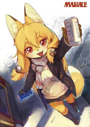 Rule 34 | 1girl, absurdres, alcohol, animal ears, arm up, artist name, beer, beer can, bell, black coat, black footwear, black skirt, black socks, blonde hair, borrowed character, can, coat, drink can, duffel coat, fang, foreshortening, fox ears, fox tail, from above, furry, furry female, grey scarf, hair ornament, highres, holding, jingle bell, kneehighs, koko (kishibe), long hair, looking up, magiace, open mouth, original, outdoors, red eyes, religious offering, scarf, shoes, skirt, smile, socks, solo, sweater, tail, white sweater