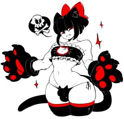 Rule 34 | 1boy, angry, animal ears, animal hands, bare shoulders, bikini, bikini bottom only, black hair, bow, bulge, cat boy, cat cutout, cat ears, cat paws, cat tail, claws, cleavage cutout, clothing cutout, dizzyspells, gloves, hair bow, male focus, midriff, navel, original, paw gloves, red bow, red eyes, scythe (dizzyspells), short hair, skull, solo, sparkle, strapless, swimsuit, tail, thighhighs, trap, tube top
