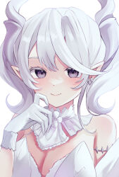 Rule 34 | 1girl, artist request, blush, breasts, cleavage, demon girl, demon horns, detached collar, duel monster, earrings, gloves, grey eyes, grey hair, highres, horns, jewelry, large breasts, looking at viewer, lovely labrynth of the silver castle, pointy ears, tagme, yu-gi-oh!