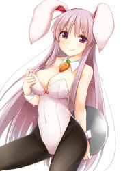 Rule 34 | 1girl, animal ears, arm behind back, bad id, bad pixiv id, black pantyhose, blush, breasts, cleavage, commentary request, covered navel, cowboy shot, detached collar, hisae (hisae collect), holding, holding tray, large breasts, leotard, long hair, looking at viewer, pantyhose, playboy bunny, purple hair, rabbit ears, red eyes, reisen udongein inaba, sidelocks, simple background, smile, solo, strapless, strapless leotard, thighs, touhou, tray, very long hair, white background, white leotard, wrist cuffs