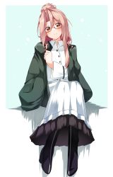 Rule 34 | 1girl, absurdres, alternate costume, bespectacled, black footwear, boots, dress shirt, full body, glasses, green jacket, highres, hood, hooded jacket, hoodie, jacket, kantai collection, light brown hair, long skirt, orange eyes, pia (botamochinjufu), pleated skirt, ponytail, shirt, skirt, solo, white shirt, white skirt, zuihou (kancolle)