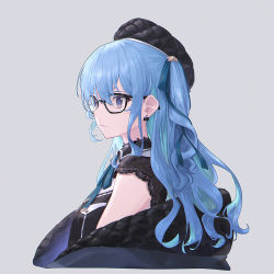 Rule 34 | 1girl, bespectacled, black-framed eyewear, black coat, black hat, breasts, butterfly earrings, closed eyes, coat, cropped torso, dangle earrings, earrings, expressionless, from side, glasses, grey background, hair ornament, hair ribbon, hat, hololive, hoshimachi suisei, hoshimachi suisei (streetwear), jewelry, lace-trimmed collar, lace-trimmed sleeves, lace trim, long hair, looking ahead, off-shoulder coat, off shoulder, padded coat, purple eyes, quilted coat, ribbon, ringlets, short sleeves, side ponytail, sidelocks, simple background, small breasts, solo, star (symbol), star hair ornament, star in eye, symbol in eye, upper body, virtual youtuber, wavy hair, whitem (whiteemperor2020), winter clothes, winter coat
