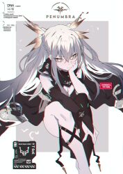 Rule 34 | 1girl, bare shoulders, black jacket, braid, feet out of frame, grey eyes, grey hair, hair between eyes, hand on own cheek, hand on own face, hand up, highres, jacket, long hair, looking at viewer, looking up, original, sidelocks, single thighhigh, sitting, solo, soukou makura, thigh strap, thighhighs, thighs, two-tone background, two side up