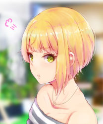 Rule 34 | 10s, 1girl, bare shoulders, blonde hair, blurry, blush, breasts, cleavage, collarbone, from side, green eyes, highres, idolmaster, idolmaster cinderella girls, jewelry, lips, looking at viewer, medium breasts, miyamoto frederica, off-shoulder shirt, off shoulder, pendant, portrait, pout, ryuu., shirt, short hair, solo, striped clothes, striped shirt, sulking