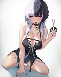 Rule 34 | 1girl, black choker, black hair, black nails, breasts, choker, cleavage, elbow gloves, gloves, highres, holding, holding scissors, hololive, hololive english, large breasts, lessone, looking at viewer, multicolored hair, scissors, shiori novella, shiori novella (1st costume), simple background, single thighhigh, solo, split-color hair, striped clothes, striped gloves, thighhighs, thighs, tongue, tongue out, virtual youtuber, white background, white hair, yellow eyes