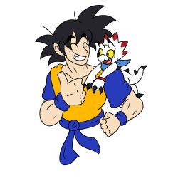 Rule 34 | claws, digimon, digimon (creature), dragon ball, gammamon, happy, highres, scarf, smile, son goku, tail, thumbs up