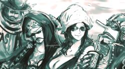 Rule 34 | caesar clown, commentary request, drinking, drinking straw, facial hair, fake facial hair, fake mustache, goatee, goggles, hat, highres, hood, hooded coat, long nose, looking at another, monochrome, nico robin, one piece, smile, sunglasses, sword, torapunch, trafalgar law, twitter username, upper body, usopp, weapon