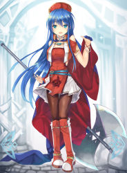 Rule 34 | 1girl, armlet, axe, belt, blue eyes, blue hair, blurry, blurry background, boots, bracelet, brown pantyhose, cape, cropped vest, fire emblem, fire emblem: the binding blade, fire emblem heroes, full body, highres, holding, holding weapon, inoue takuya (tactactak), jewelry, knee boots, lilina (fire emblem), looking at viewer, nintendo, pantyhose, pigeon-toed, solo, standing, vest, weapon