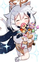 Rule 34 | 1girl, animal ear fluff, animal ears, bandaged foot, bandaged leg, bandages, blush, candy, candy wrapper, cat ears, cat girl, cat tail, closed eyes, dango, dress, facing viewer, fangs, food, food in mouth, genshin impact, hair between eyes, halo, kemonomimi mode, lollipop, long sleeves, mouth hold, hugging object, paimon (genshin impact), puffy long sleeves, puffy sleeves, sanshoku dango, siera (sieracitrus), simple background, sleeves past wrists, solo, sparkle, swirl lollipop, tail, wagashi, white background, white dress, white hair