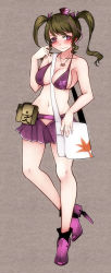 Rule 34 | 1girl, alternate costume, aoshima, bag, between breasts, bikini, bikini skirt, bikini top only, blush, breasts, brown hair, cleavage, collarbone, commentary request, female focus, full body, hair ribbon, hat, high heels, highres, himekaidou hatate, jewelry, large breasts, long hair, looking at viewer, midriff, miniskirt, navel, pendant, playing with own hair, purple eyes, revealing clothes, ribbon, shoulder bag, skirt, solo, standing, swimsuit, tokin hat, touhou, twintails