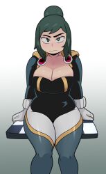 Rule 34 | 1girl, absurdres, angeliccmadness, angry, arttmadness, black leotard, boku no hero academia, breasts, capelet, cleavage, closed mouth, collarbone, cowboy shot, gloves, gradient background, green background, green eyes, green hair, highres, large breasts, leotard, long sleeves, looking at viewer, matching hair/eyes, mature female, midoriya inko, ponytail, simple background, sitting, solo, white gloves
