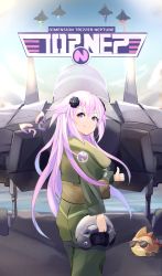 Rule 34 | 1girl, absurdres, adult neptune, aircraft, airplane, baby bug, bimmy, boots, breasts, fighter jet, hair between eyes, highres, jacket, jet, large breasts, long hair, medium breasts, military, military uniform, military vehicle, neptune (neptunia), neptune (series), plane, purple eyes, purple hair, shades, sky, smile, solo, thighs, thumbs up, uniform, white background