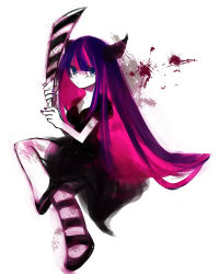 Rule 34 | 10s, 1girl, bad id, bad pixiv id, colored inner hair, dark persona, horns, multicolored hair, panty &amp; stocking with garterbelt, sitting, solo, stocking (psg), striped clothes, striped thighhighs, stripes i &amp; ii, suisyou, sword, thighhighs, weapon