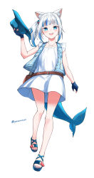 Rule 34 | 1girl, alternate costume, animal ear fluff, animal ears, asymmetrical hair, bad id, bad twitter id, bare legs, belt, blue eyes, blue footwear, blue gloves, blue hair, blue hat, blue nails, blunt bangs, blush, brown belt, cat ears, commentary, cowboy hat, denim vest, dress, fingerless gloves, fins, fish tail, flat chest, full body, gawr gura, gloves, gun, hair ornament, handgun, hat, highres, holding, holding clothes, holding hat, hololive, hololive english, holster, jewelry, kemonomimi mode, looking at viewer, medium hair, multicolored hair, nail polish, necklace, open clothes, open mouth, open vest, revolver, sandals, shark hair ornament, shark tail, sharp teeth, side ponytail, silver hair, simple background, sleeveless, sleeveless dress, smile, solo, streaked hair, symbol-only commentary, tail, teeth, toenail polish, toenails, twitter username, two-tone hair, unworn hat, unworn headwear, vest, virtual youtuber, weapon, white background, white dress, yuu201023