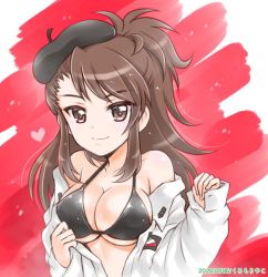 Rule 34 | 1girl, amaretto (girls und panzer), anzio school uniform, artist name, asymmetrical bangs, beret, bikini, black bikini, black hat, breasts, brown eyes, brown hair, cleavage, closed mouth, clothes pull, commentary, dated, dress shirt, emblem, girls und panzer, halterneck, hat, heart, kuromori yako, large breasts, long hair, long sleeves, looking at viewer, off shoulder, one-hour drawing challenge, open clothes, open shirt, red background, school uniform, shirt, shirt pull, sleeves past wrists, smile, solo, swimsuit, tilted headwear, undressing, upper body, white shirt
