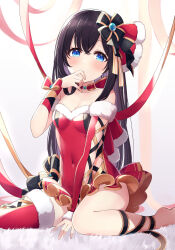 Rule 34 | 1girl, ao no neko, barefoot, between legs, black hair, blue eyes, blush, breasts, choker, christmas, cleavage, covered navel, criss-cross sleeves, detached sleeves, fur-trimmed leotard, fur-trimmed thighhighs, fur trim, gem, hair ribbon, hand between legs, hand on own chin, highres, leg ribbon, long hair, looking at viewer, original, ribbon, single thighhigh, sitting, small breasts, solo, thighhighs, wariza, wrist bow