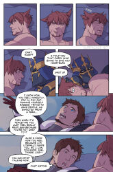 Rule 34 | 1other, 2boys, absurdres, afterimage, animal ears, ardbert hylfyst, warrior of light (ff14), beard, bed, blue eyes, brown hair, cat ears, closed eyes, closed mouth, comic, commentary, ear wiggle, english commentary, english text, facial hair, facial scar, final fantasy, final fantasy xiv, fray myste, helm, helmet, highres, indoors, left-to-right manga, looking at another, lying, miqo&#039;te, motion lines, multiple boys, on back, on bed, on side, open mouth, pillow, scar, scar on cheek, scar on face, short hair, surfacage, tattoo, yellow eyes