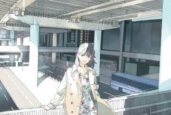 Rule 34 | 1girl, black eyes, black hair, building, bus, coat, commentary request, dress, floral print, grin, leaning, long sleeves, looking at viewer, medium hair, motor vehicle, original, outdoors, print dress, railing, road, shade, smile, solo, standing, trench coat, wamizu